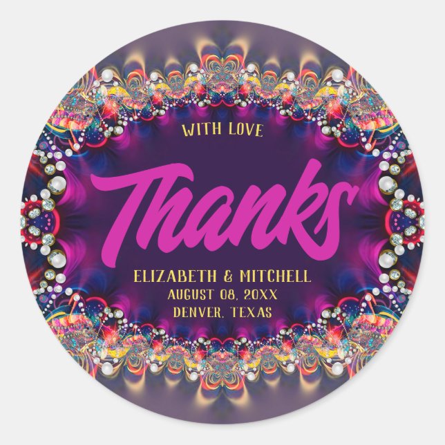 Adesivo Redondo Arco-íris de Jóia Fractal em Renda Rosa Roxo Obrig (Frente)