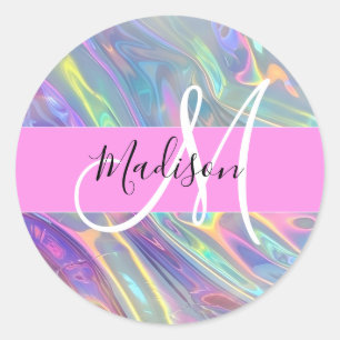 Adesivo Redondo Arco-íris Feminino Holográfico Iridescente Monogra