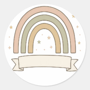 Adesivo Redondo Arco-íris Pastel com Estrelas e Faixa Personalizad