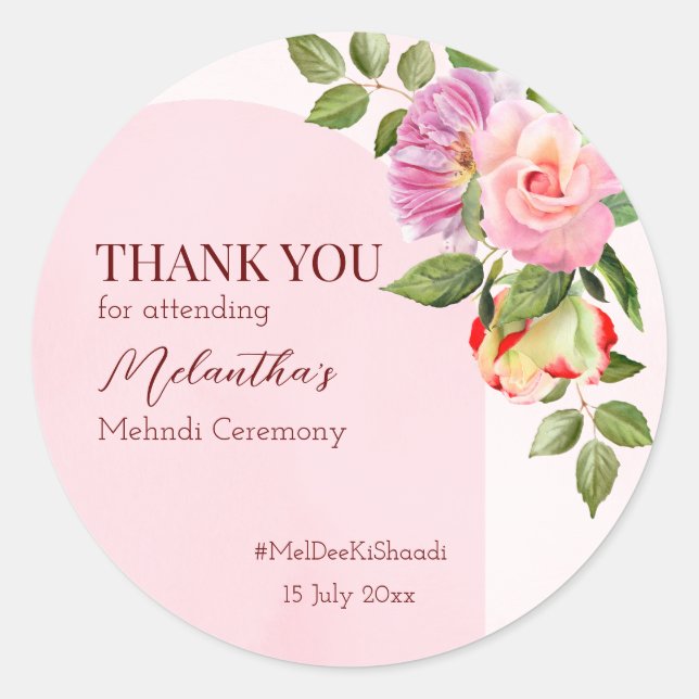 Adesivo Redondo Arco rosa com rosas personalizados e obrigado mehn (Frente)