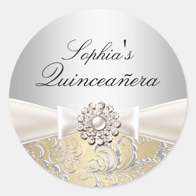 Adesivo Redondo Arco Silver Swirl & Jewel Quinceanera Sticker (Frente)