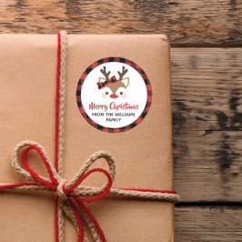 Adesivo Redondo Arco Vermelho Xadrez de Reindeer Bonito Feliz Nata