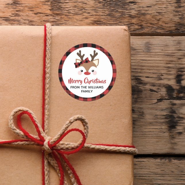 Adesivo Redondo Arco Vermelho Xadrez de Reindeer Bonito Feliz Nata (Criador carregado)