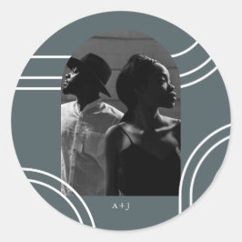 Adesivo Redondo Arcos Chic com Casamento de Foto Azul Monograma