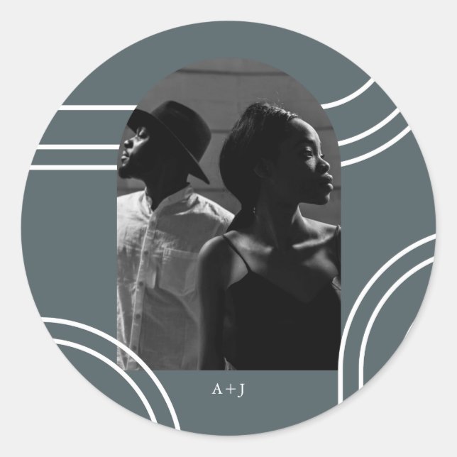 Adesivo Redondo Arcos Chic com Casamento de Foto Azul Monograma (Frente)