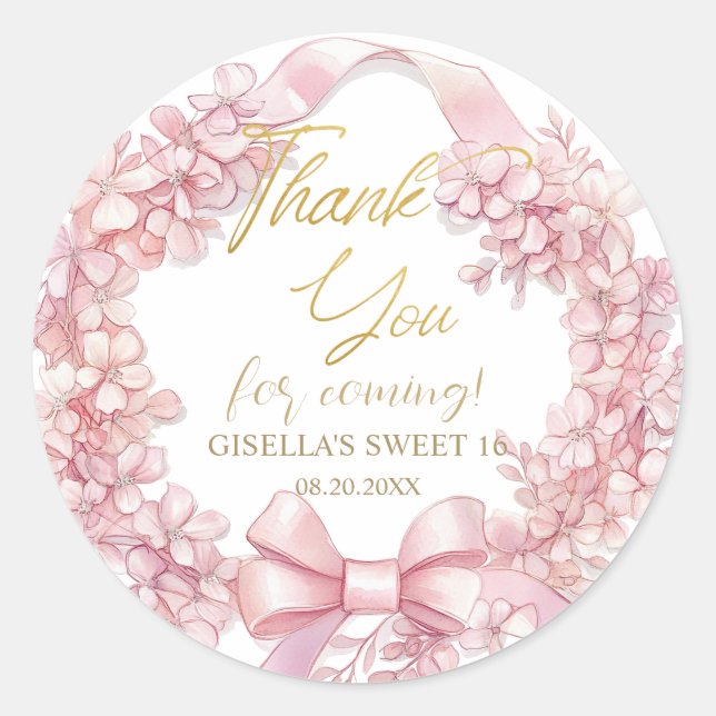 Adesivo Redondo Arcos de Fita Rosa Coquetinha Adoráveis Dezesseis  (Frente)