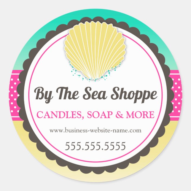 Adesivo Redondo Areia de Seashell Tropical e palheta redonda cláss (Frente)
