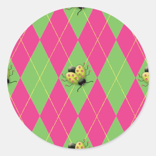 Adesivo Redondo Argyle Ladybug Rosa & Verde (Frente)