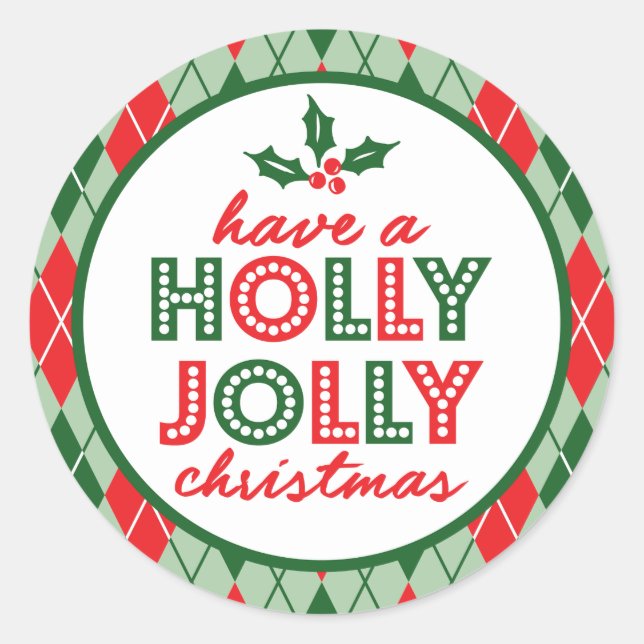 Adesivo Redondo Argyle Tem Um Natal Holly Jolly (Verde / Vermelho) (Frente)