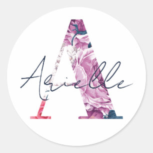 Adesivo Redondo Arielle Name Custom Sticker Girls Label Floral A