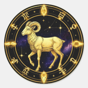 Adesivo Redondo Áries Dourado Círculo Zodiacal Com Carneiro