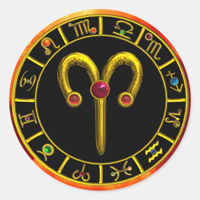 ADESIVO REDONDO ARIES DOURADO ZODIAC BIRTHDAY JEWEL STROLOGY CHART (Frente)