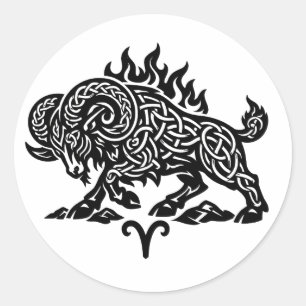 Adesivo Redondo Áries Fogo‑Carneiro – Zodíaco de Tinta Assombrada