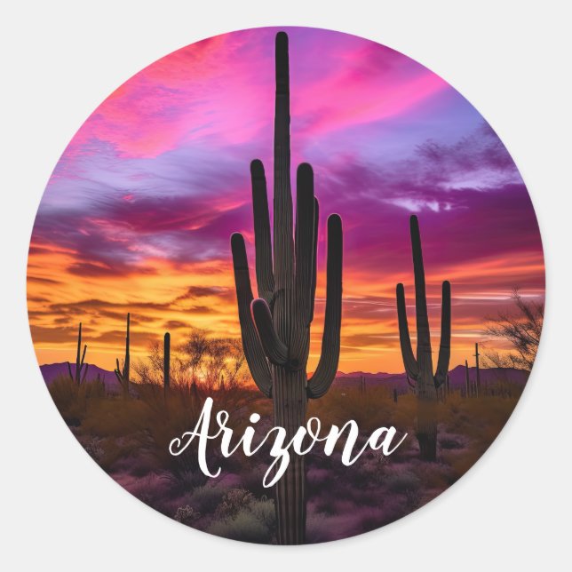 Adesivo Redondo Arizona Saguaro Cactus Southwestern Desert Sunset (Frente)