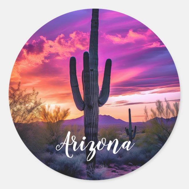 Adesivo Redondo Arizona Saguaro Cactus Southwestern Desert Sunset (Frente)