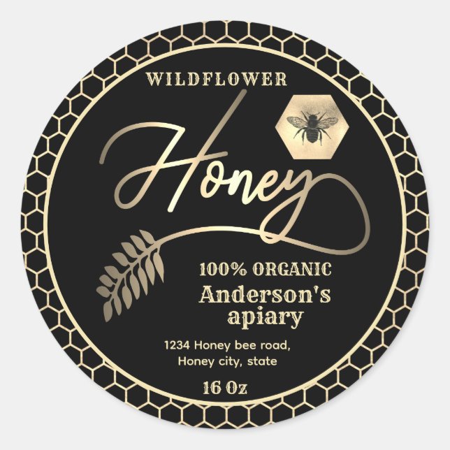 Adesivo Redondo Aroma de abelha preto, atraente e moderno, mel (Frente)