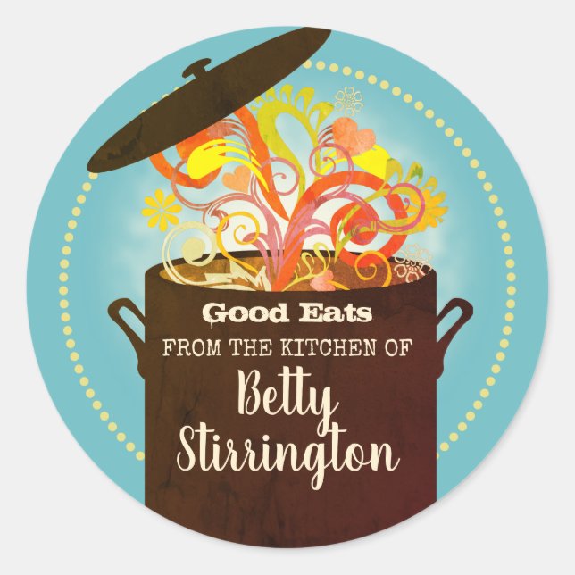 Adesivo Redondo Aromas picantes molho de ensopado de cozinhar (Frente)