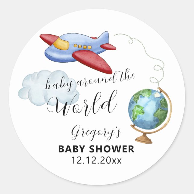 Adesivo Redondo Around The World Map Airplane Boy Baby Shower (Frente)