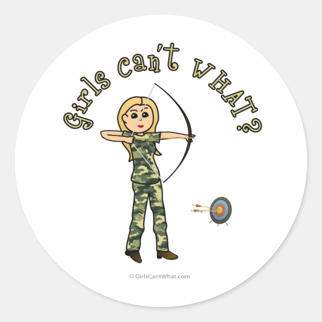 Adesivo Redondo Arqueação Loura de Mulheres em Camouflage (Frente)