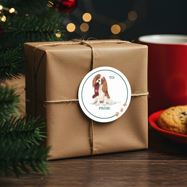 Adesivo Redondo Arranque de Spaniel Cavalier de Aquarela de Cães R (Naughty Dog Watercolor Cavalier Spaniel Stocking Classic Round Sticker)