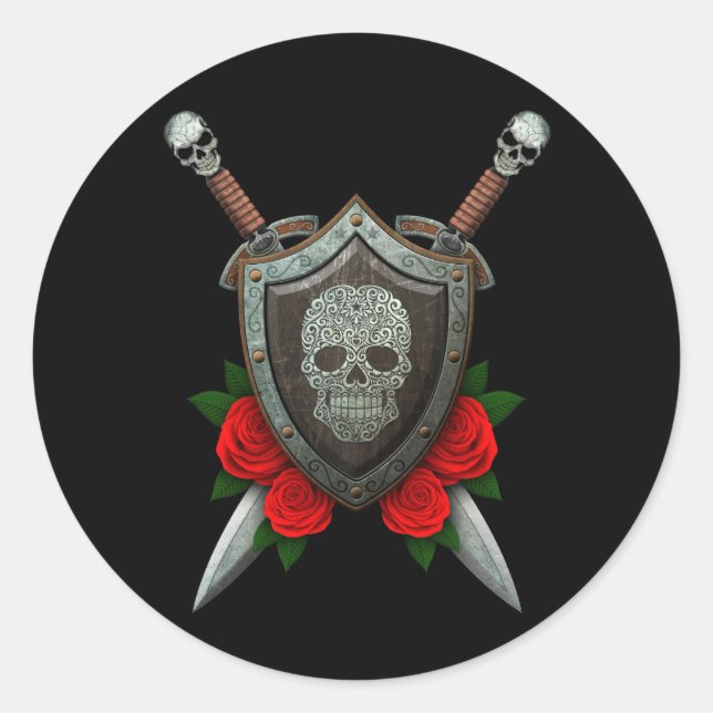 Adesivo Redondo Arrastamento do invólucro do crânio e espadas com  (Frente)