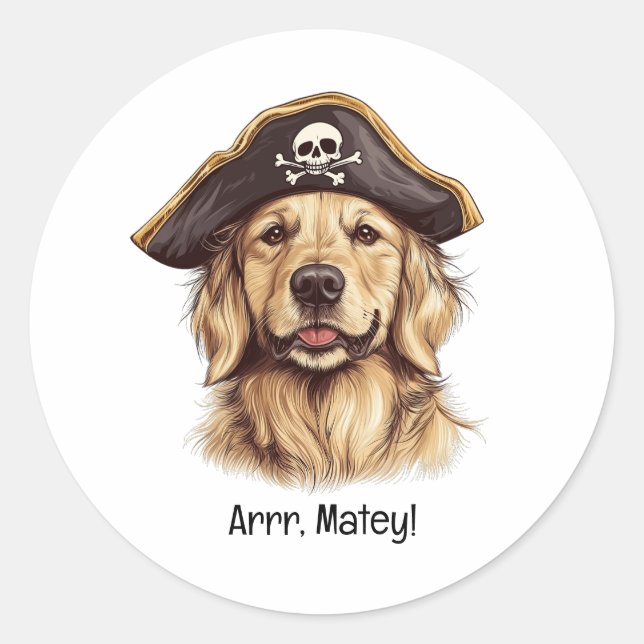 Adesivo Redondo Arrr Matey Pirate Ouro Retriever Dog Skull (Frente)
