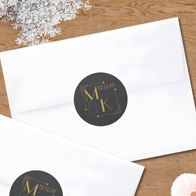 Adesivo Redondo Art Deco 1920 Negra Dourada (Just add your wedding date and initials to these elegant black and gold wedding sticjers)