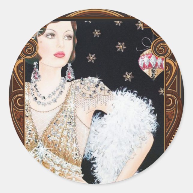 Adesivo Redondo Art Deco 1920's Flapper Christmas Sticker (Frente)