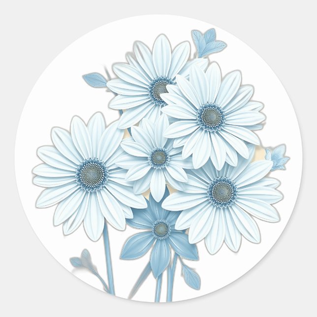 Adesivo Redondo Art Deco Blue Daisy Floral Patterno (Frente)