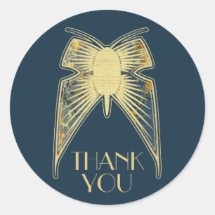 Adesivo Redondo Art Deco Borboleta Azul Dourado "Obrigado"