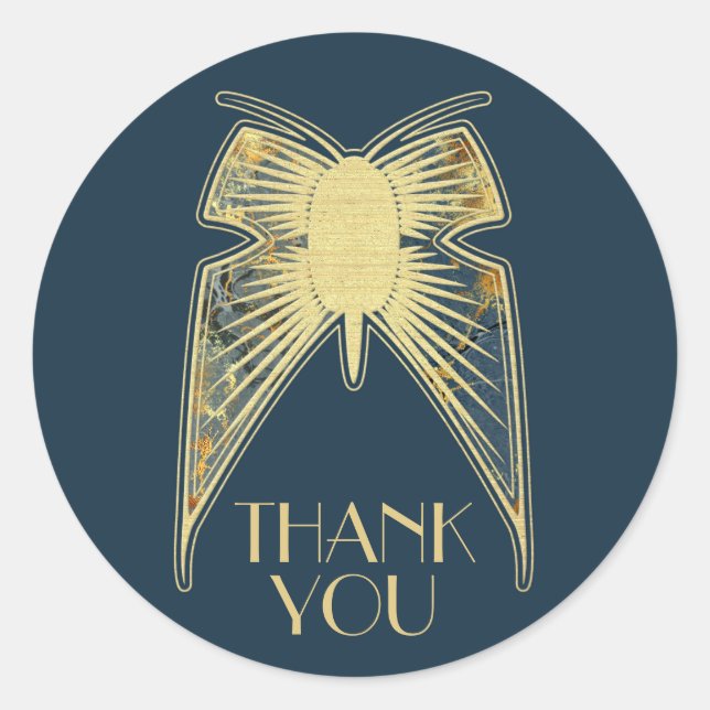 Adesivo Redondo Art Deco Borboleta Azul Dourado "Obrigado" (Frente)