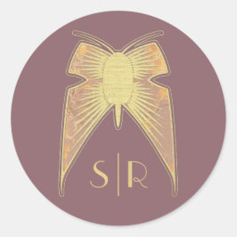 Adesivo Redondo Art Deco Borboleta Monograma Rosa Dourado