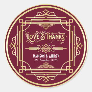 Adesivo Redondo Art Deco Casamento Amor e Obrigados Dourado Favor