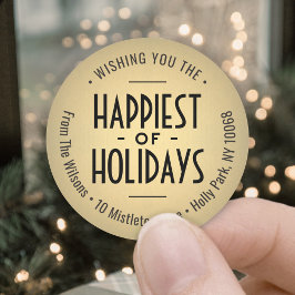 Adesivo Redondo Art Deco Dourado Faux Foil Xmas Return Address Lab