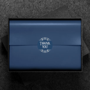 Adesivo Redondo Art Deco Filigree   Prata e Marinho Azul Obrigado