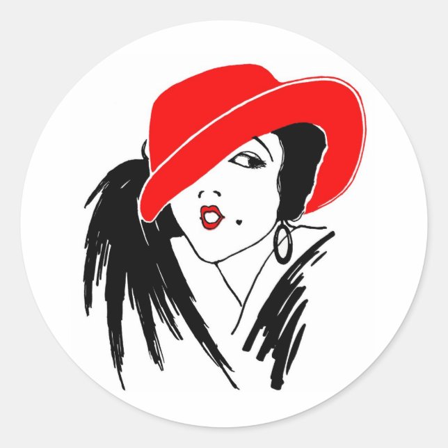 Adesivo Redondo Art Deco Linda Mulher Red Hat (Frente)