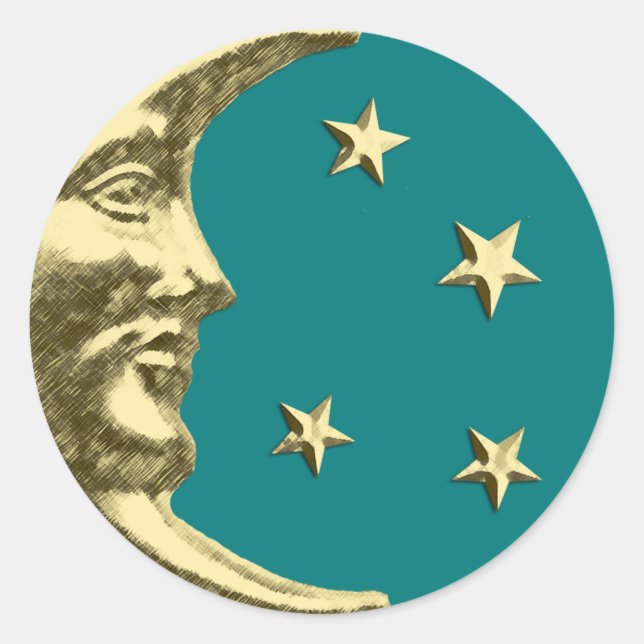 Adesivo Redondo Art Deco Moon e Estrelas - Teal e Dourado (Frente)