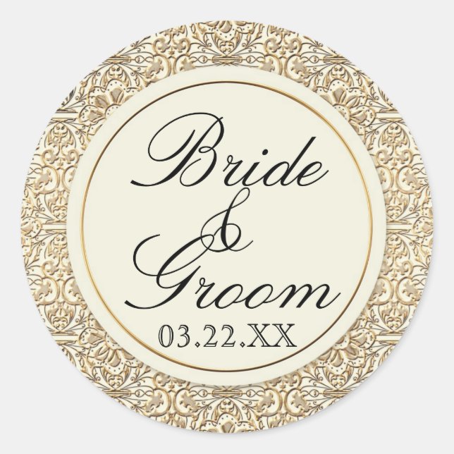 Adesivo Redondo Art Deco Nouveau Faux Floral Dourado Damask Lace (Frente)