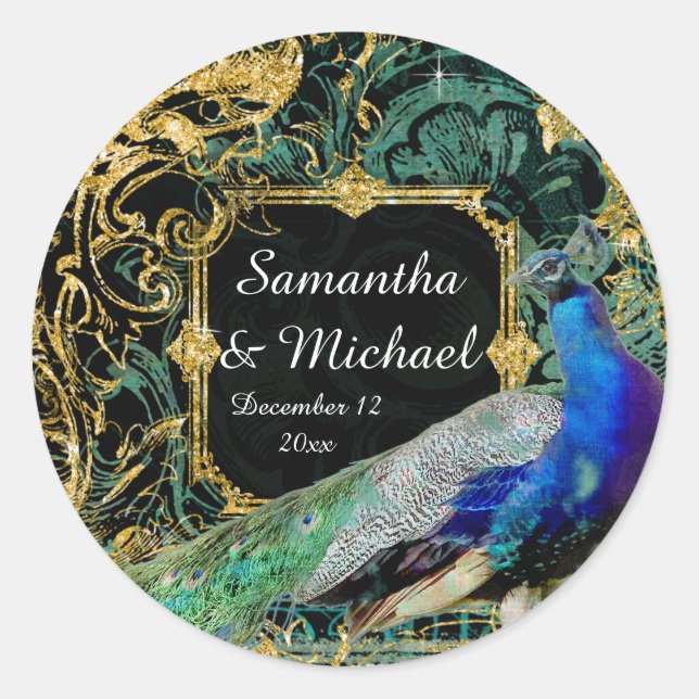 Adesivo Redondo Art Deco Peacock Dourada Glitter Velho Hollywood G (Frente)