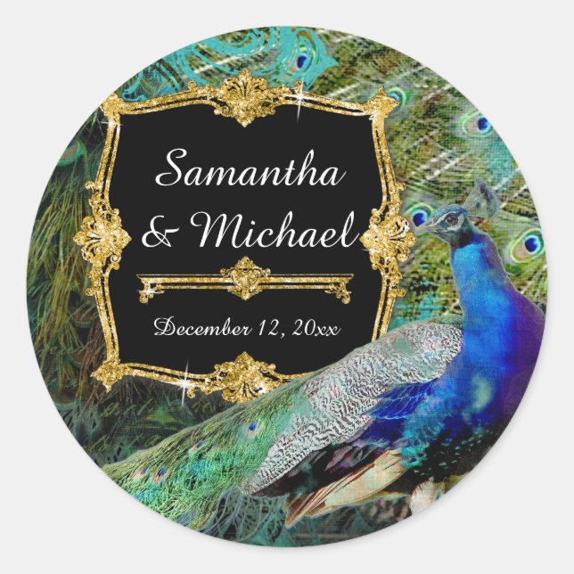 Adesivo Redondo Art Deco Peacock Dourada Glitter Velho Hollywood G (Frente)