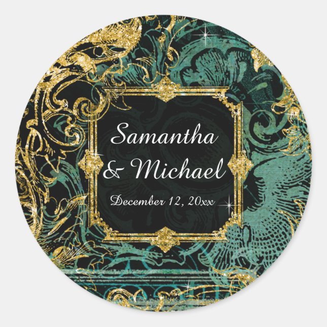 Adesivo Redondo Art Deco Peacock Dourada Glitter Velho Hollywood G (Frente)