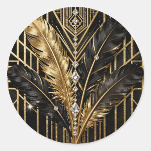 Adesivo Redondo Art Deco Preto Dourado Penas