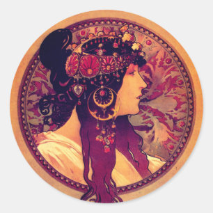 Adesivo Redondo Art nouveau Alphonse Mucha Donna mulher elegante