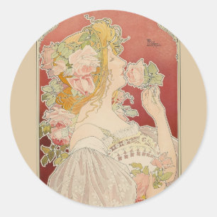 Adesivo Redondo Art Nouveau Belle Époque Senhorita Rosas Livemont