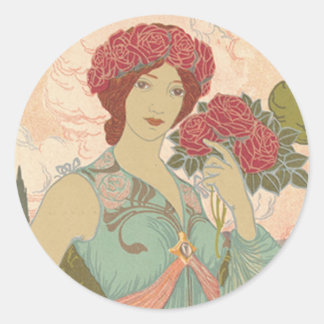 Adesivo Redondo Art Nouveau Lady com Rosas