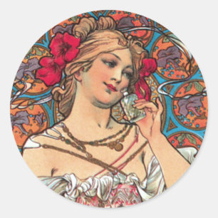 Adesivo Redondo Art Nouveau - Mucha - Anúncio Perfume