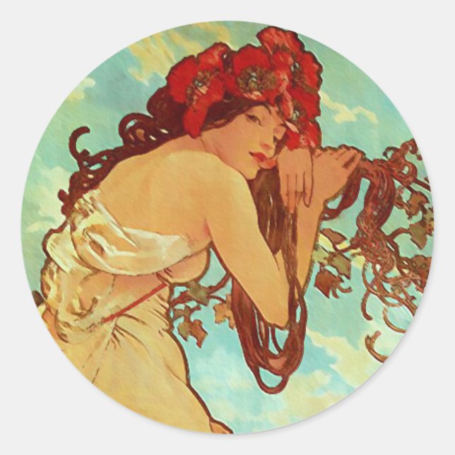 Adesivo Redondo Art Nouveau - Mucha - Verão (Frente)