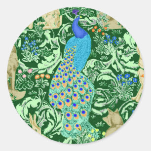 Adesivo Redondo Art Nouveau Peacock Impressão, Cobalt Azul e Verd