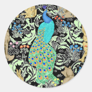 Adesivo Redondo Art Nouveau Peacock Impressão, Cobalt Azul e Verd