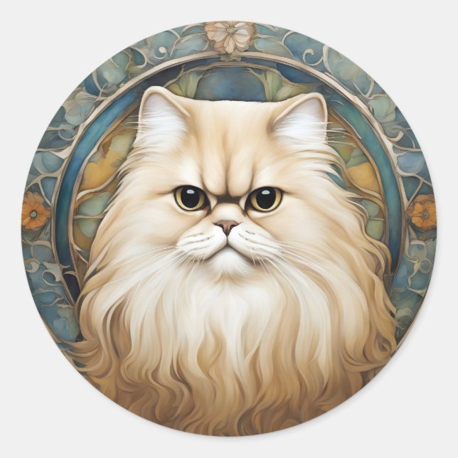 Adesivo Redondo Art Nouveau Retrato de um Gato Persa (Frente)